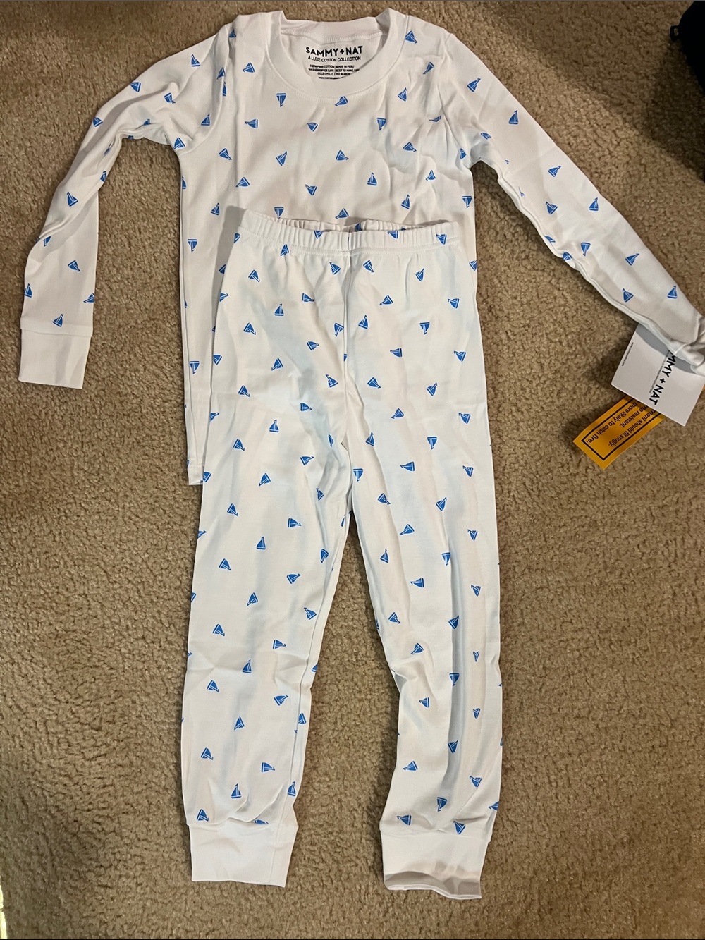 Sammy + Nat White Pajama Set with Blue Sailboat Print